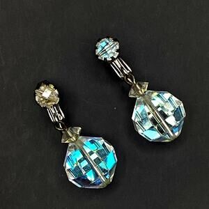 Vintage LAGUNA Austrian Crystal AB Clear Disco Ball Dangle Drop Clip On Earrings
